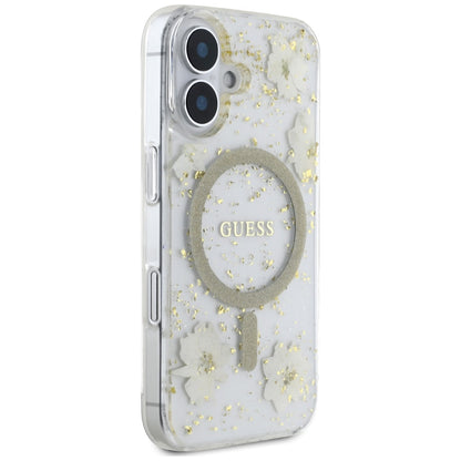 Husa MagSafe pentru Apple iPhone 16, Guess, Resin Flowers and Glitter, Bej