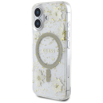 Husa MagSafe pentru Apple iPhone 16, Guess, Resin Flowers and Glitter, Bej