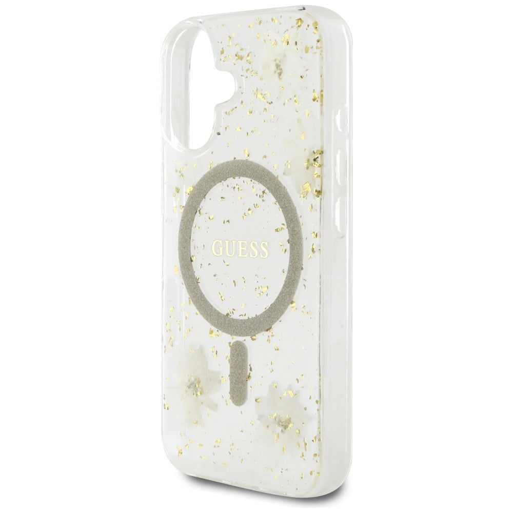 Husa MagSafe pentru Apple iPhone 16, Guess, Resin Flowers and Glitter, Bej
