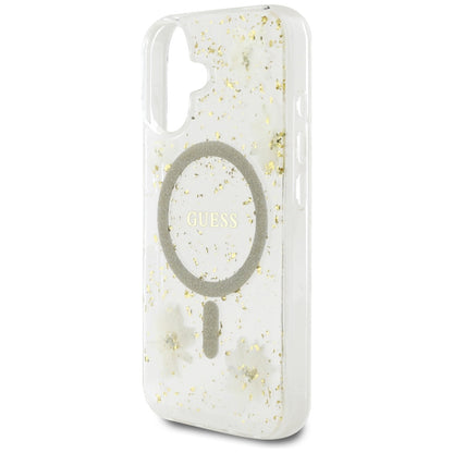 Husa MagSafe pentru Apple iPhone 16, Guess, Resin Flowers and Glitter, Bej