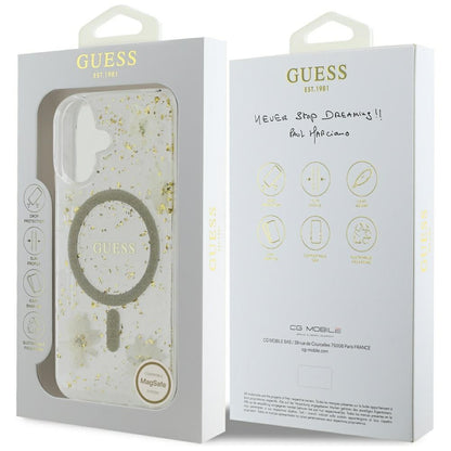 Husa MagSafe pentru Apple iPhone 16, Guess, Resin Flowers and Glitter, Bej