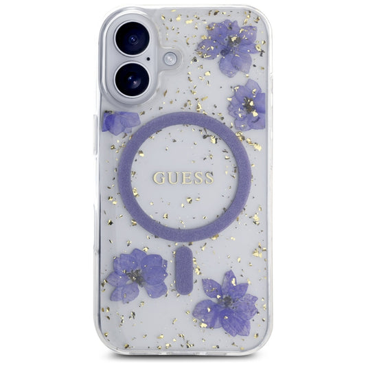 Husa MagSafe pentru Apple iPhone 16, Guess, Resin Flowers and Glitter, Mov