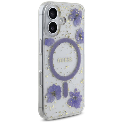Husa MagSafe pentru Apple iPhone 16, Guess, Resin Flowers and Glitter, Mov