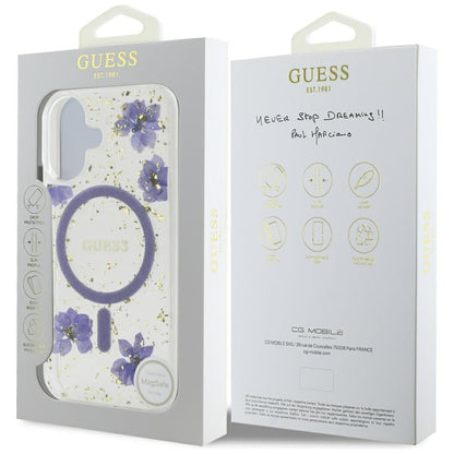 Husa MagSafe pentru Apple iPhone 16, Guess, Resin Flowers and Glitter, Mov
