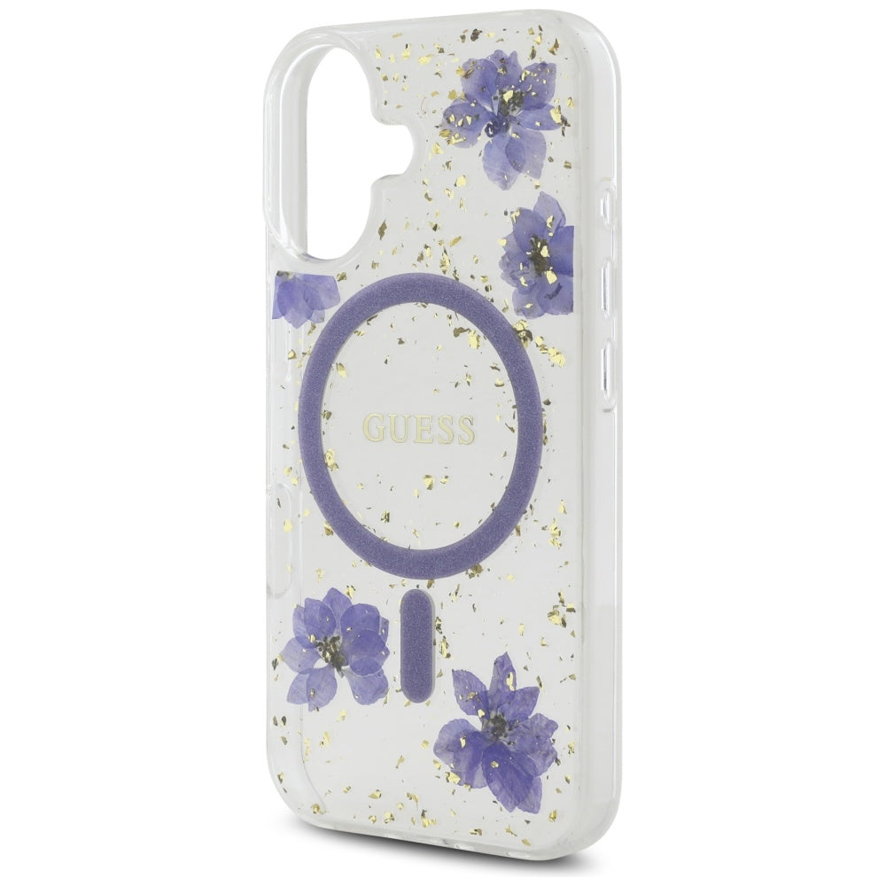 Husa MagSafe pentru Apple iPhone 16, Guess, Resin Flowers and Glitter, Mov
