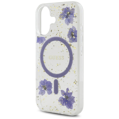 Husa MagSafe pentru Apple iPhone 16, Guess, Resin Flowers and Glitter, Mov