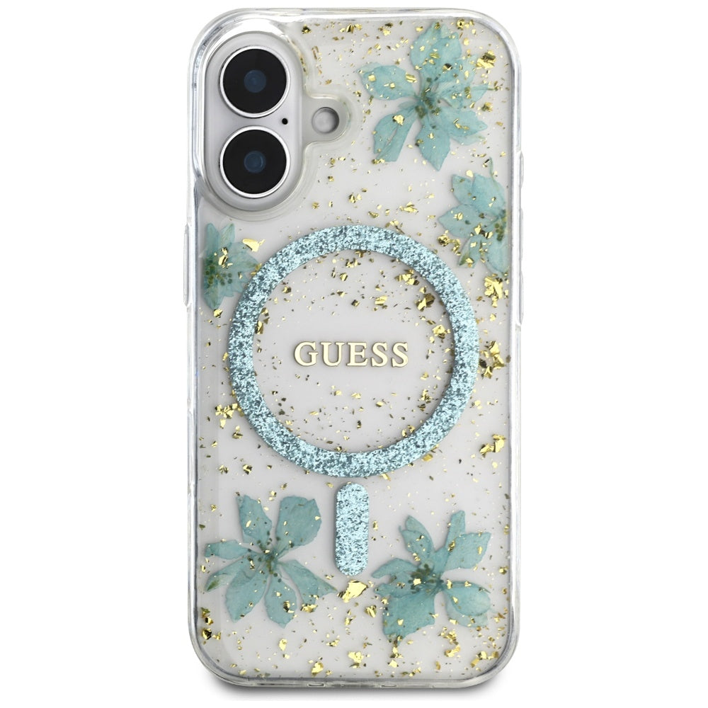 Husa MagSafe pentru Apple iPhone 16, Guess, Resin Flowers and Glitter, Turcoaz