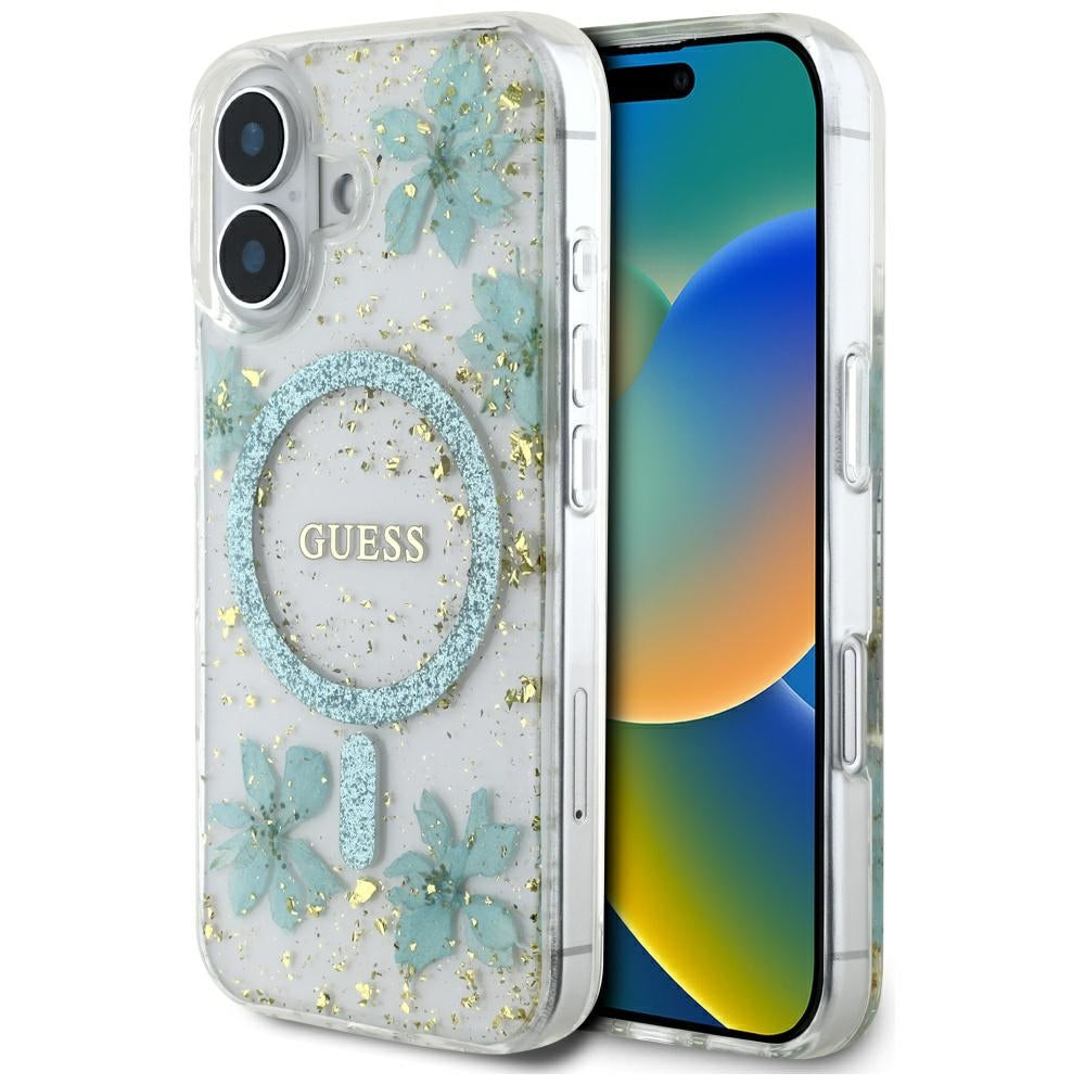 Husa MagSafe pentru Apple iPhone 16, Guess, Resin Flowers and Glitter, Turcoaz