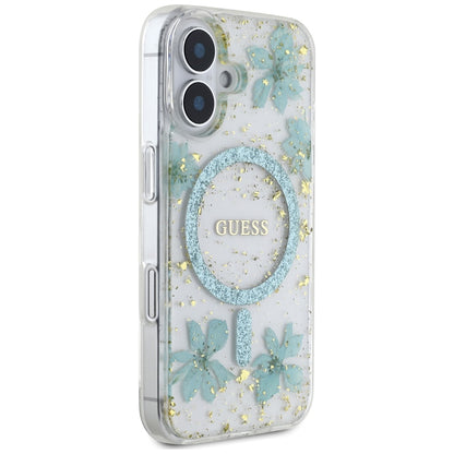Husa MagSafe pentru Apple iPhone 16, Guess, Resin Flowers and Glitter, Turcoaz