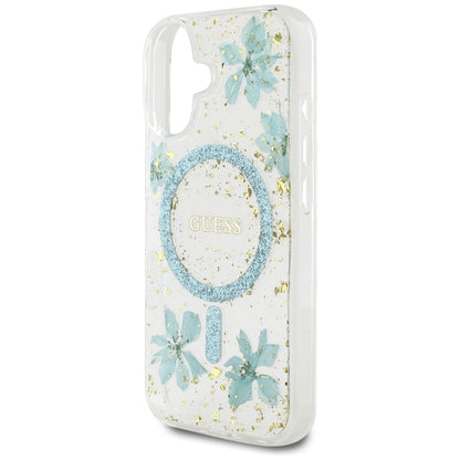 Husa MagSafe pentru Apple iPhone 16, Guess, Resin Flowers and Glitter, Turcoaz