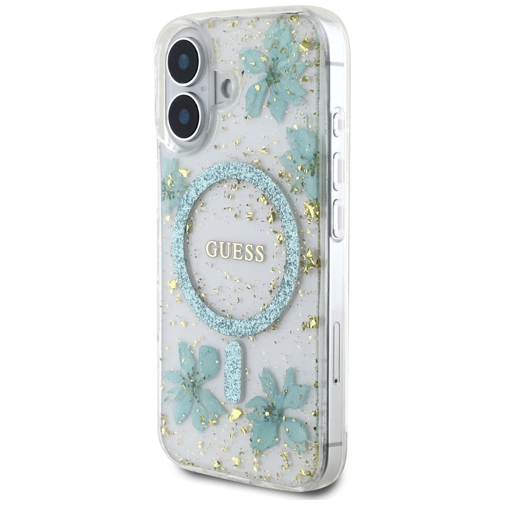 Husa MagSafe pentru Apple iPhone 16, Guess, Resin Flowers and Glitter, Turcoaz