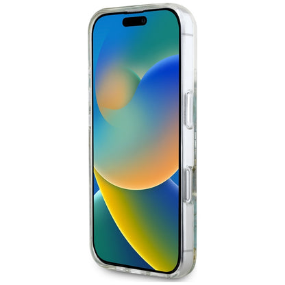 Husa MagSafe pentru Apple iPhone 16, Guess, Resin Flowers and Glitter, Turcoaz