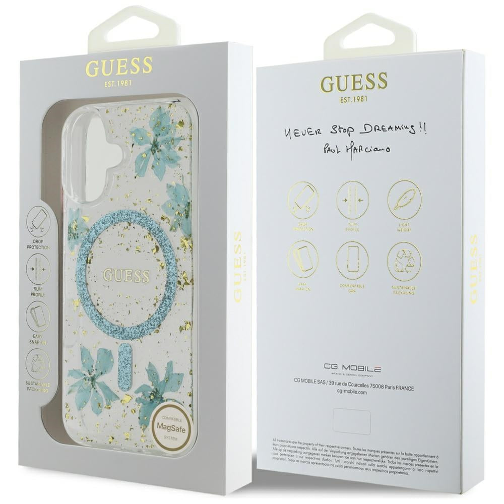 Husa MagSafe pentru Apple iPhone 16, Guess, Resin Flowers and Glitter, Turcoaz