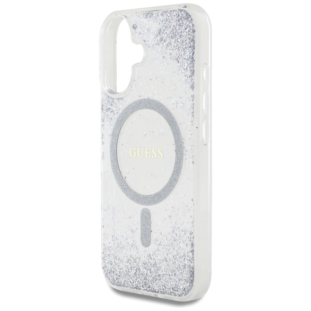 Husa MagSafe pentru Apple iPhone 16, Guess, Resin Gradient Glitter, Argintie