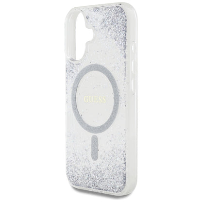 Husa MagSafe pentru Apple iPhone 16, Guess, Resin Gradient Glitter, Argintie