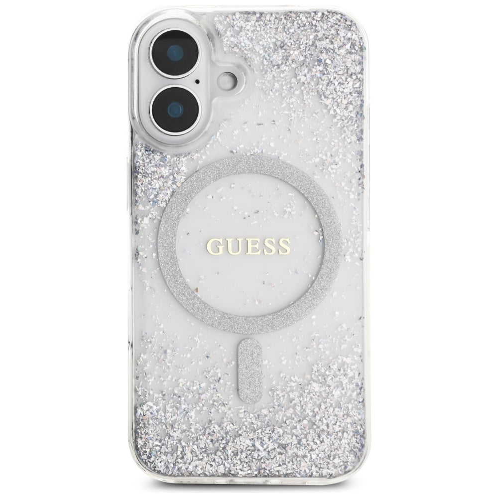 Husa MagSafe pentru Apple iPhone 16, Guess, Resin Gradient Glitter, Argintie