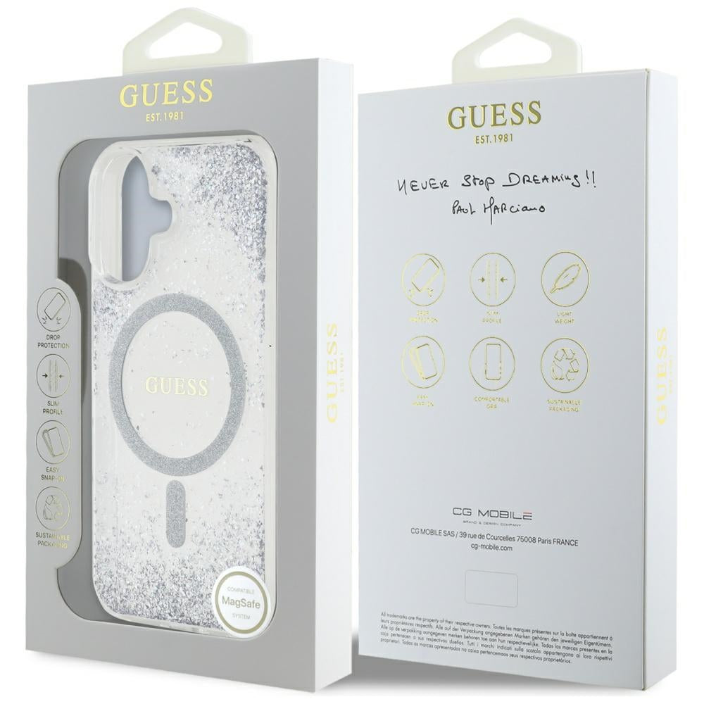 Husa MagSafe pentru Apple iPhone 16, Guess, Resin Gradient Glitter, Argintie