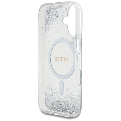Husa MagSafe pentru Apple iPhone 16, Guess, Resin Gradient Glitter, Argintie