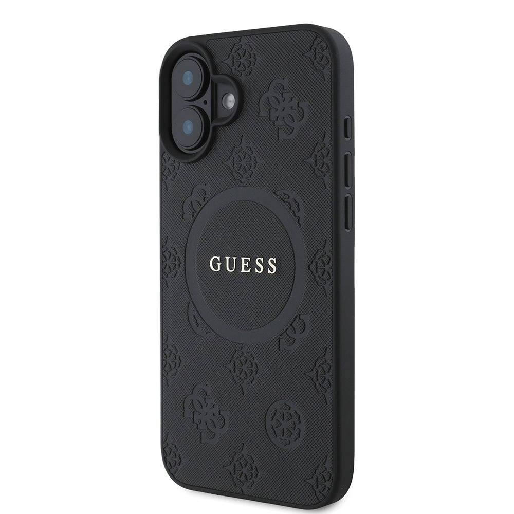 Husa MagSafe pentru Apple iPhone 16, Guess, Saffiano Peony Classic Logo, Neagra