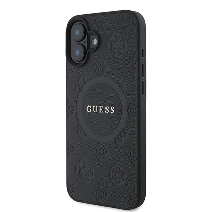 Husa MagSafe pentru Apple iPhone 16, Guess, Saffiano Peony Classic Logo, Neagra