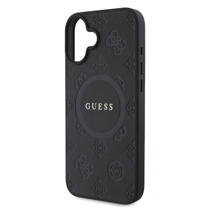 Husa MagSafe pentru Apple iPhone 16, Guess, Saffiano Peony Classic Logo, Neagra