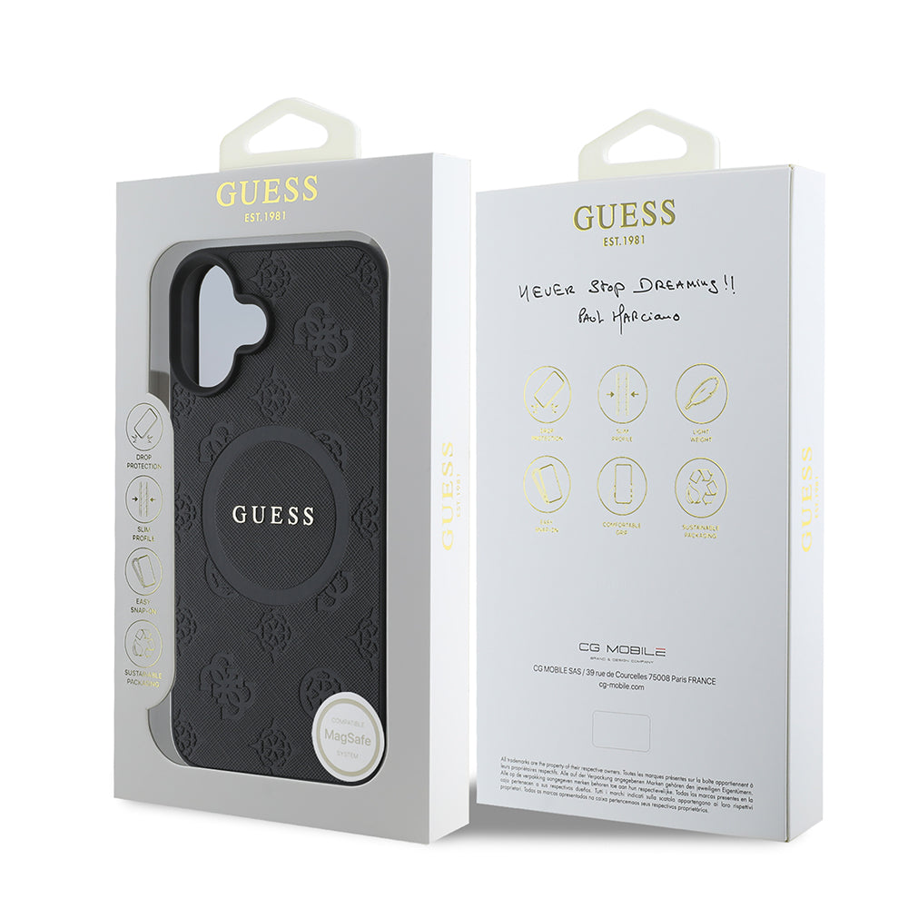 Husa MagSafe pentru Apple iPhone 16, Guess, Saffiano Peony Classic Logo, Neagra