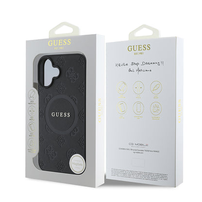 Husa MagSafe pentru Apple iPhone 16, Guess, Saffiano Peony Classic Logo, Neagra