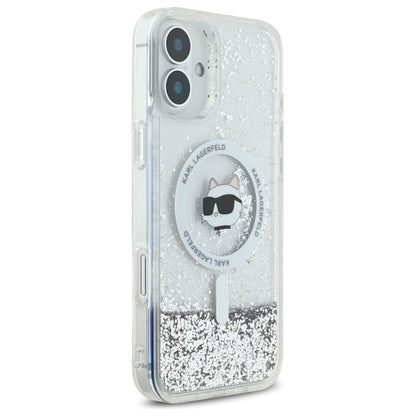 Husa MagSafe pentru Apple iPhone 16, Karl Lagerfeld, Glitter Liquid Choupette Head, Transparenta