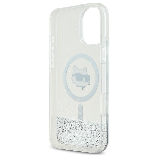 Husa MagSafe pentru Apple iPhone 16, Karl Lagerfeld, Glitter Liquid Choupette Head, Transparenta