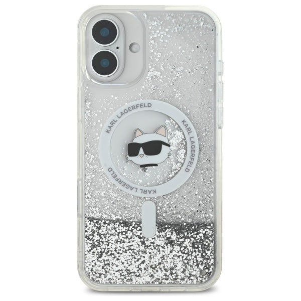 Husa MagSafe pentru Apple iPhone 16, Karl Lagerfeld, Glitter Liquid Choupette Head, Transparenta
