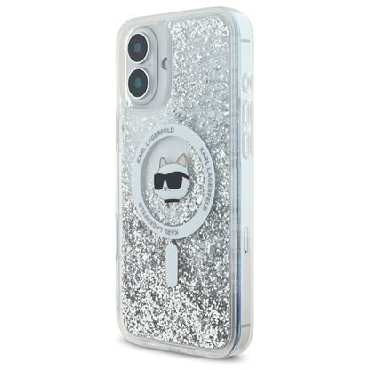 Husa MagSafe pentru Apple iPhone 16, Karl Lagerfeld, Glitter Liquid Choupette Head, Transparenta