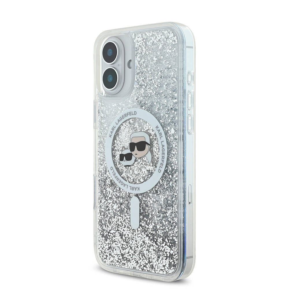 Husa MagSafe pentru Apple iPhone 16, Karl Lagerfeld, Glitter Liquid Karl & Choupette' s Heads, Transparenta
