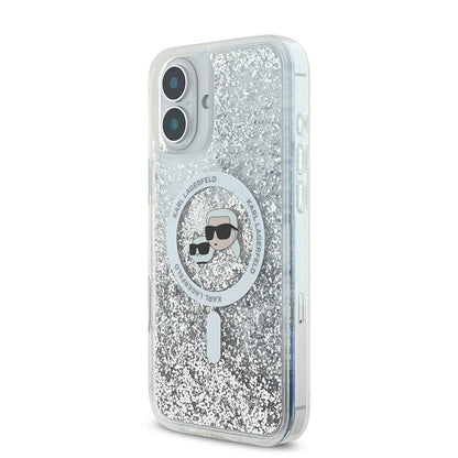 Husa MagSafe pentru Apple iPhone 16, Karl Lagerfeld, Glitter Liquid Karl & Choupette' s Heads, Transparenta