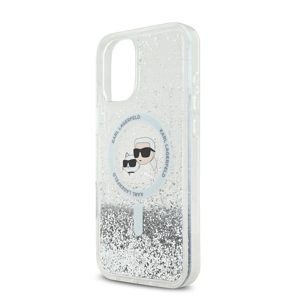 Husa MagSafe pentru Apple iPhone 16, Karl Lagerfeld, Glitter Liquid Karl & Choupette' s Heads, Transparenta