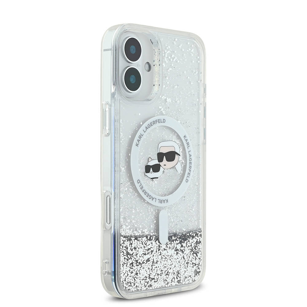 Husa MagSafe pentru Apple iPhone 16, Karl Lagerfeld, Glitter Liquid Karl & Choupette' s Heads, Transparenta