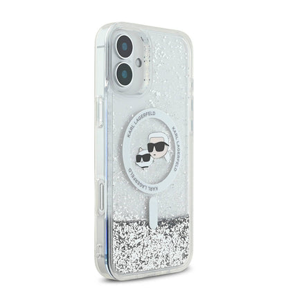 Husa MagSafe pentru Apple iPhone 16, Karl Lagerfeld, Glitter Liquid Karl & Choupette' s Heads, Transparenta