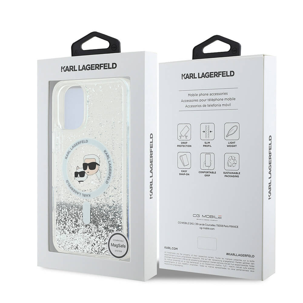 Husa MagSafe pentru Apple iPhone 16, Karl Lagerfeld, Glitter Liquid Karl & Choupette' s Heads, Transparenta