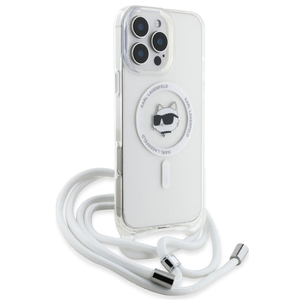 Husa MagSafe pentru Apple iPhone 16, Karl Lagerfeld, IML Crossbody Choupette's Head with Strap, Transparenta