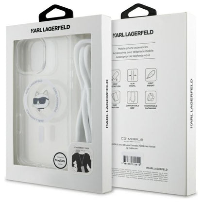 Husa MagSafe pentru Apple iPhone 16, Karl Lagerfeld, IML Crossbody Choupette's Head with Strap, Transparenta