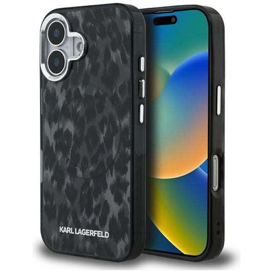 Husa MagSafe pentru Apple iPhone 16, Karl Lagerfeld, IML Leopard Pattern, Neagra