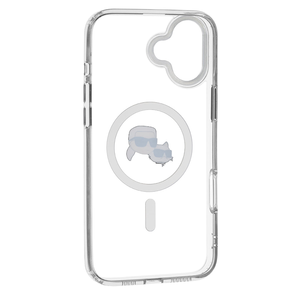 Husa MagSafe pentru Apple iPhone 16, Karl Lagerfeld, IML Metal Karl & Choupette's Heads, Alba