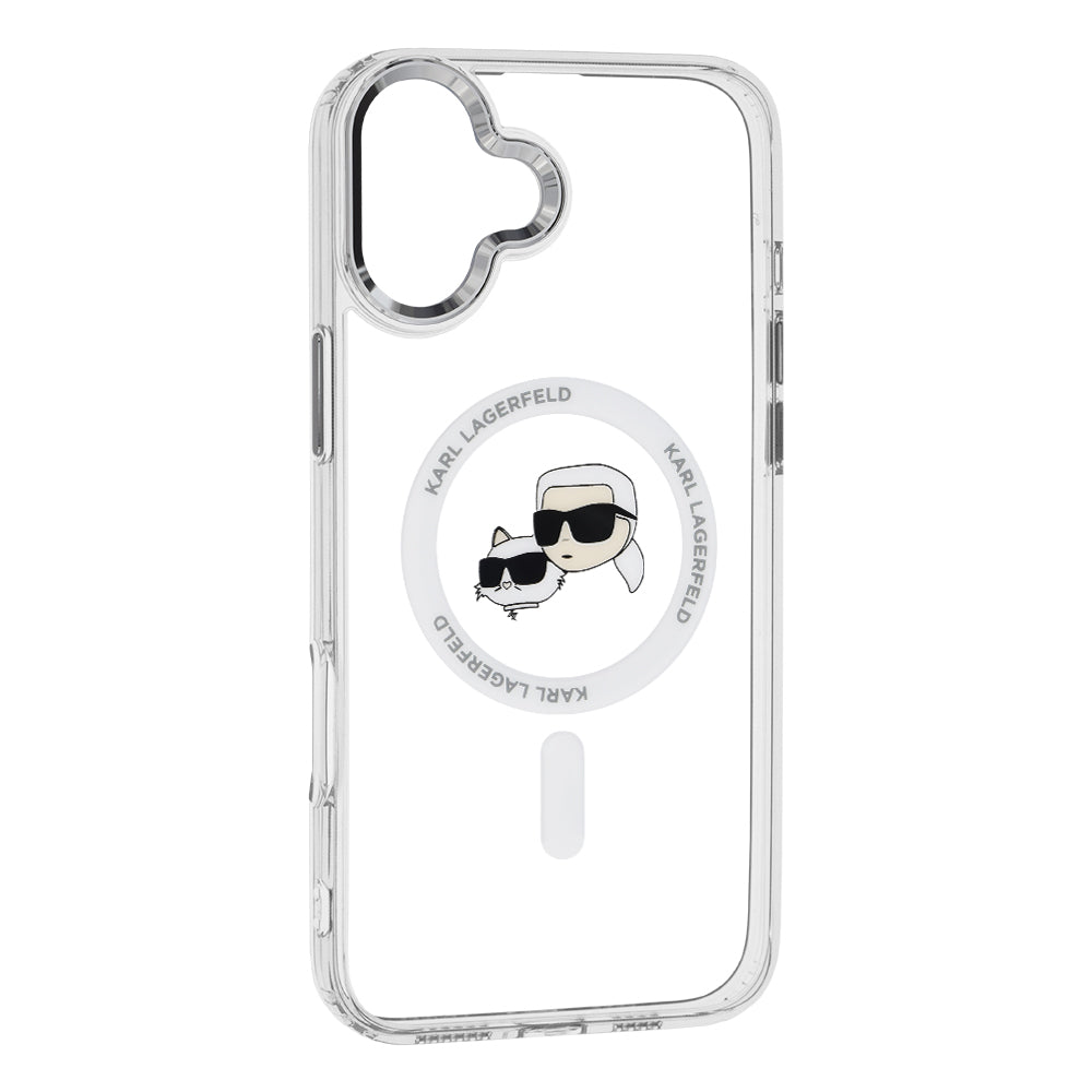 Husa MagSafe pentru Apple iPhone 16, Karl Lagerfeld, IML Metal Karl & Choupette's Heads, Alba