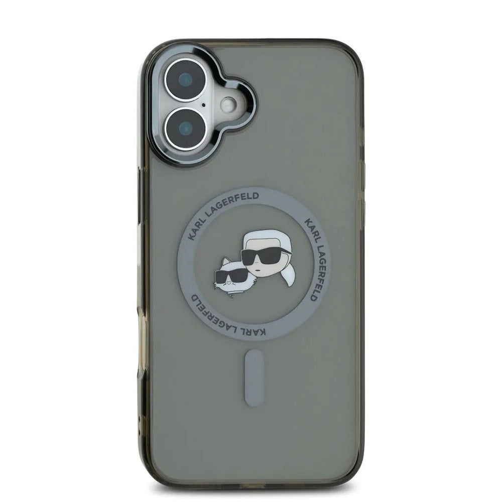 Husa MagSafe pentru Apple iPhone 16, Karl Lagerfeld, IML Metal Karl & Choupette's Heads, Neagra