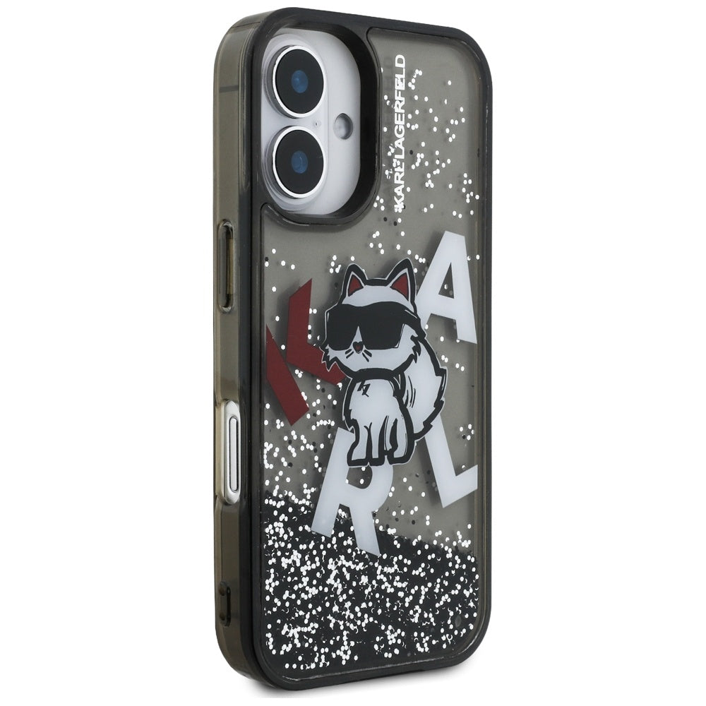 Husa MagSafe pentru Apple iPhone 16, Karl Lagerfeld, Liquid Glitter Choupette Logo, Neagra
