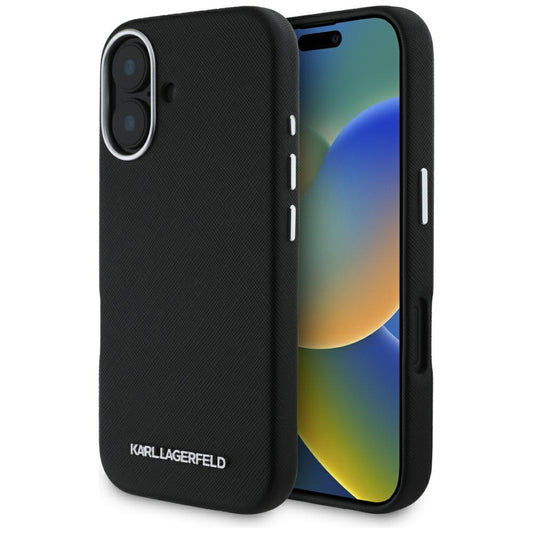 Husa MagSafe pentru Apple iPhone 16, Karl Lagerfeld, Saffiano Full Wrapped Elongated Metal Logo, Neagra