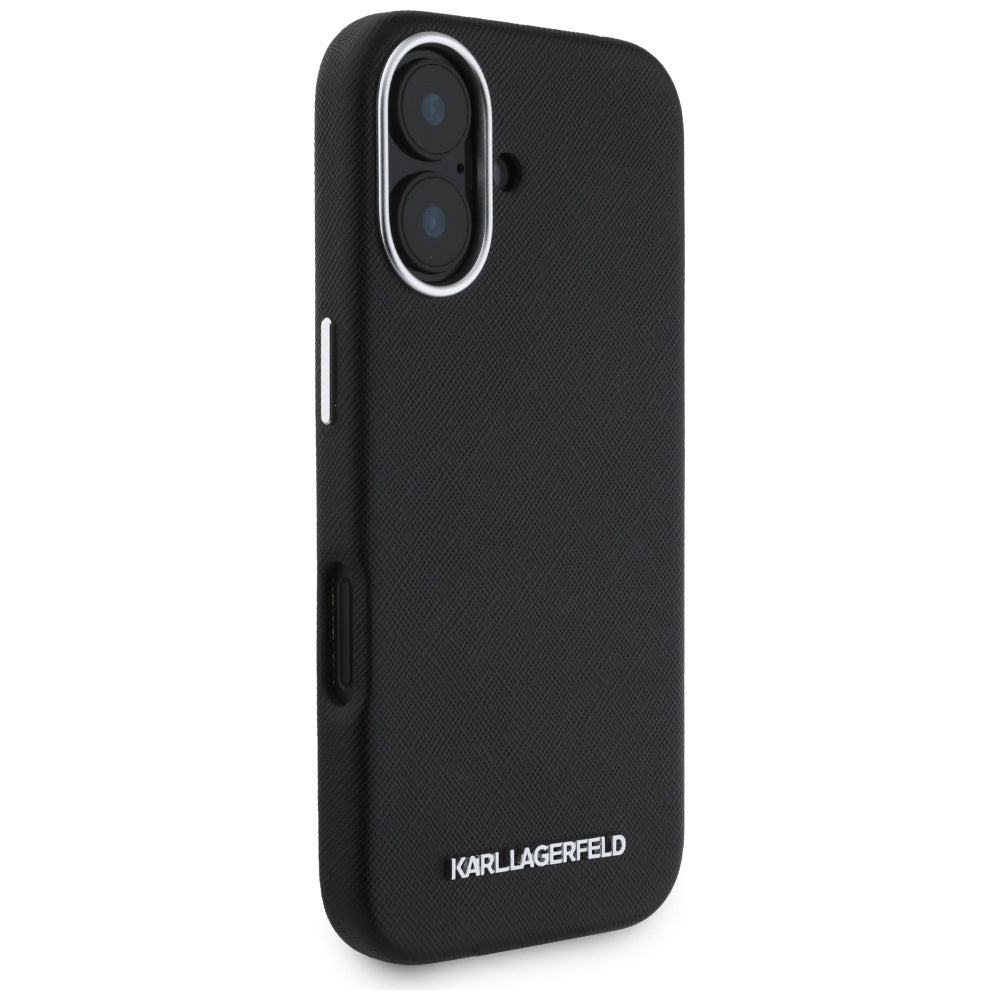 Husa MagSafe pentru Apple iPhone 16, Karl Lagerfeld, Saffiano Full Wrapped Elongated Metal Logo, Neagra