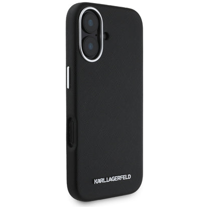 Husa MagSafe pentru Apple iPhone 16, Karl Lagerfeld, Saffiano Full Wrapped Elongated Metal Logo, Neagra