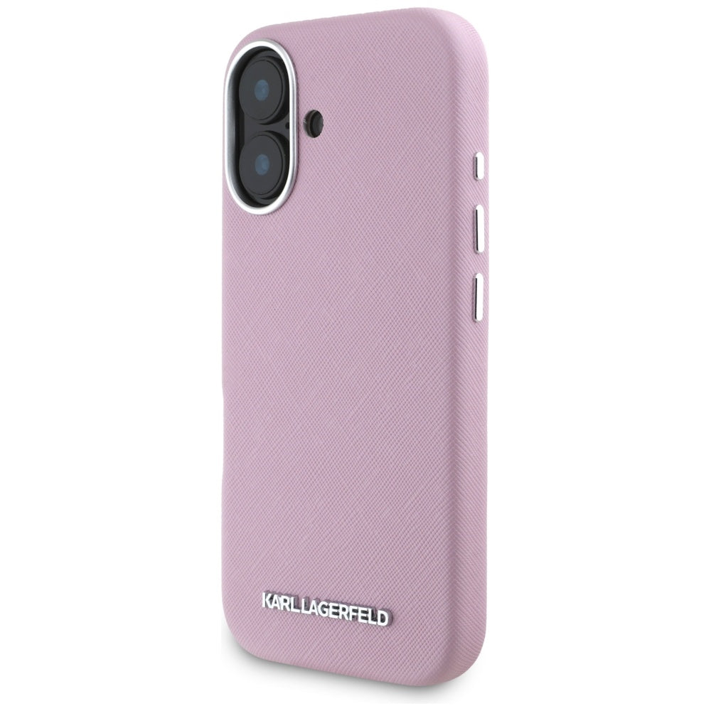 Husa MagSafe pentru Apple iPhone 16, Karl Lagerfeld, Saffiano Full Wrapped Elongated Metal Logo, Roz