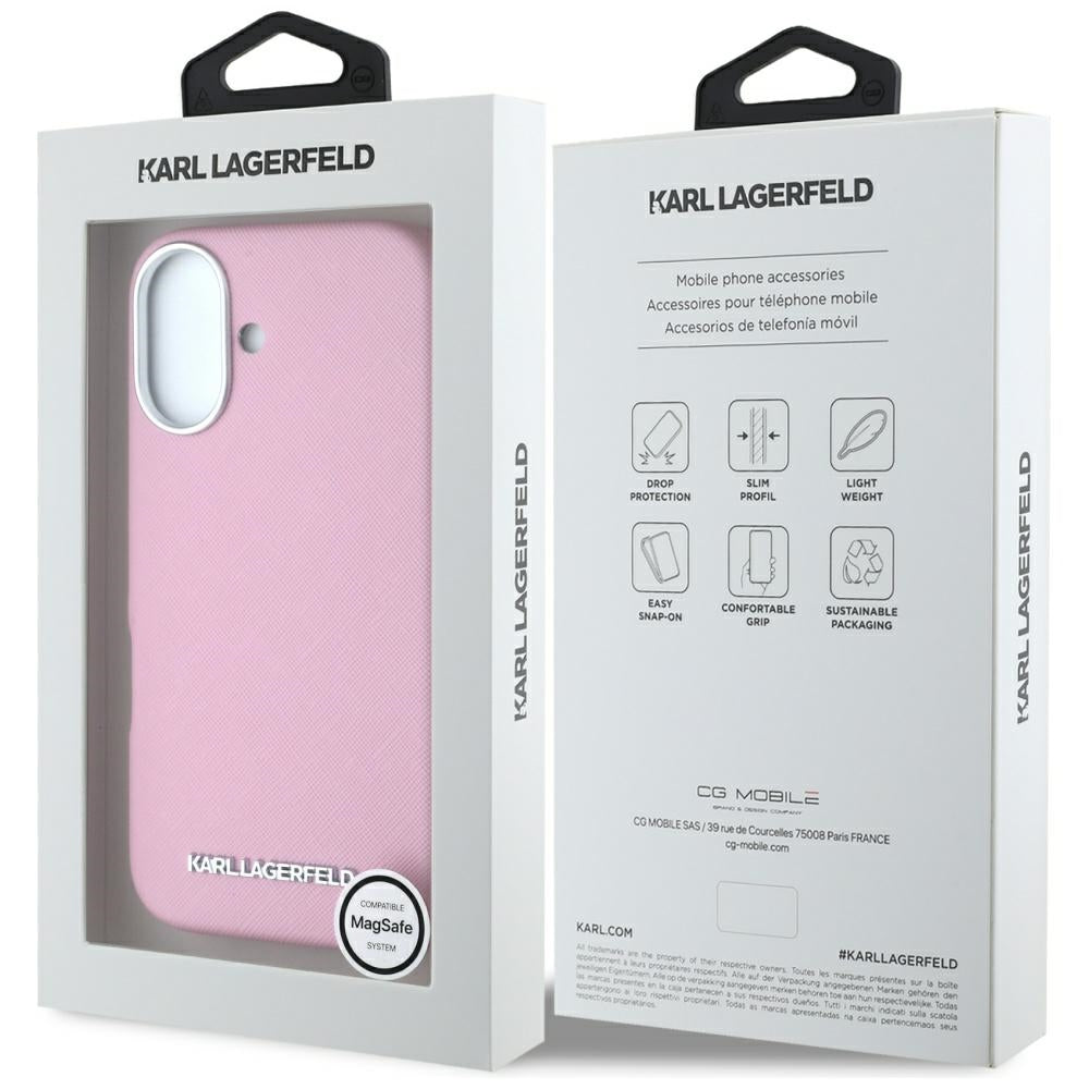 Husa MagSafe pentru Apple iPhone 16, Karl Lagerfeld, Saffiano Full Wrapped Elongated Metal Logo, Roz