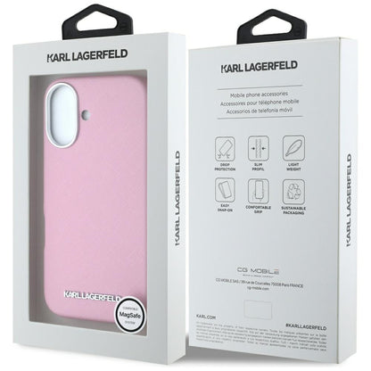 Husa MagSafe pentru Apple iPhone 16, Karl Lagerfeld, Saffiano Full Wrapped Elongated Metal Logo, Roz
